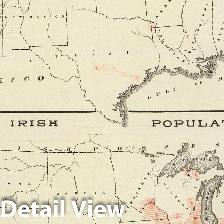 Historic Map : State Atlas Map, Population - United States census, 1870. German population. Irish population. 1876 - Vintage Wall Art