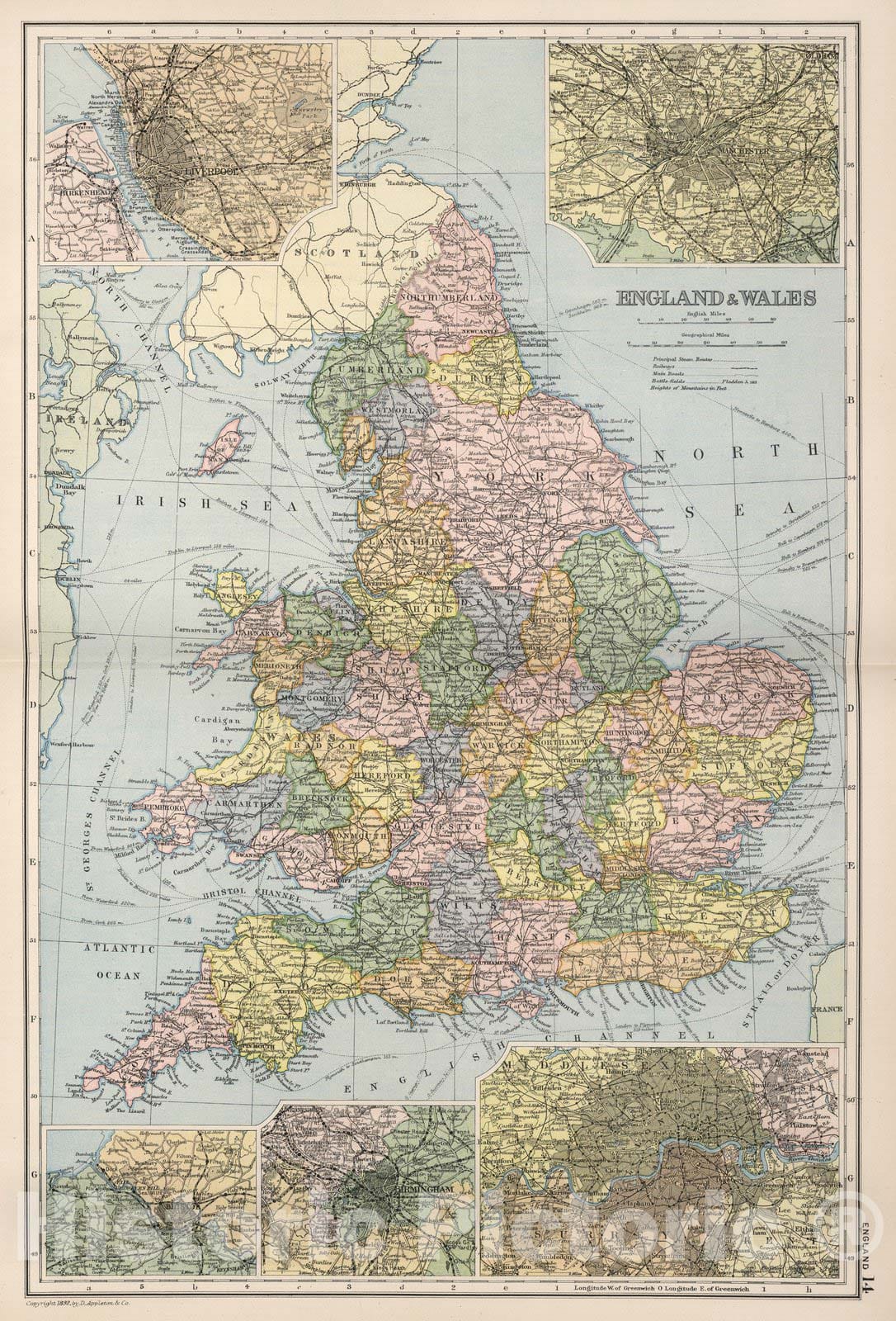 Historic Map : World Atlas Map, England and Wales 14 1892 - Vintage Wall Art