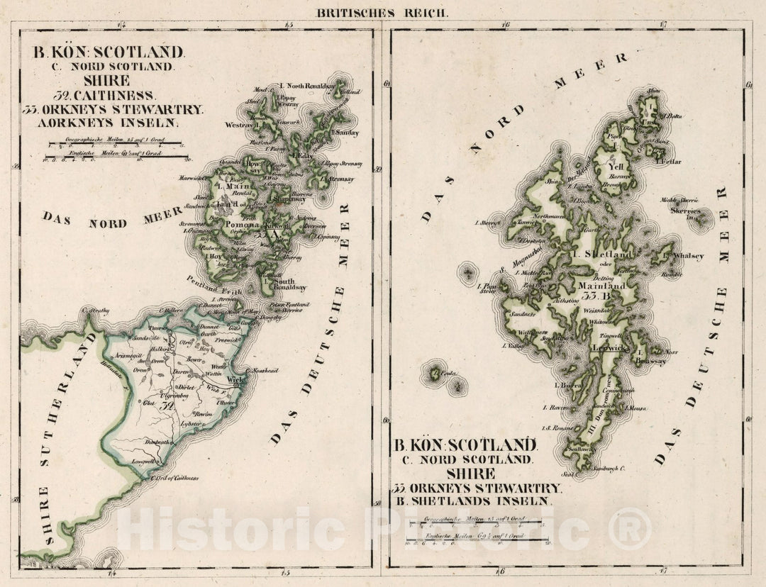 Historic Map : Scotland, Shetland Islands V.3:11-15:XV. Britisches Reich. B. Kon: Scotland. c. Nord Scotland. Shetlands Inseln 1830 , Vintage Wall Art