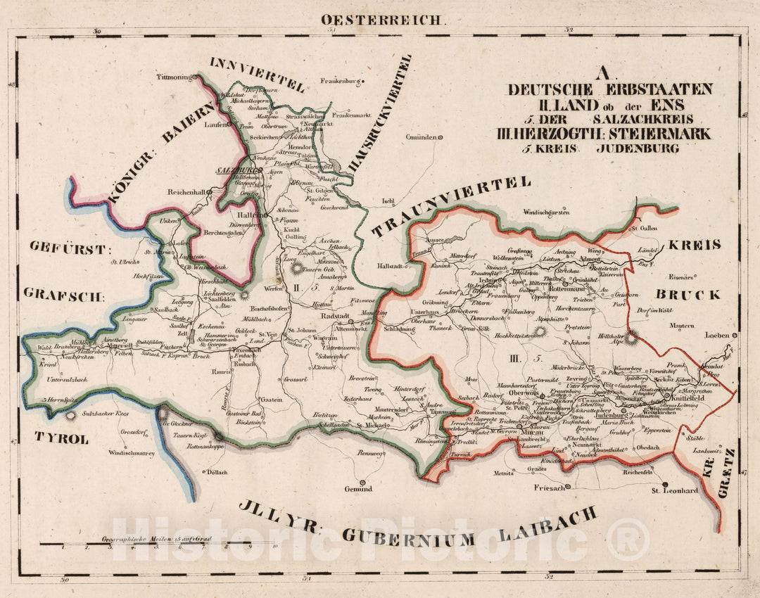 Historic Map : Germany, V.3:11-15:XI:1. Oesterreich. A. Deutsche Erbstaaten II. Land ob der Ens. 1828 , Vintage Wall Art