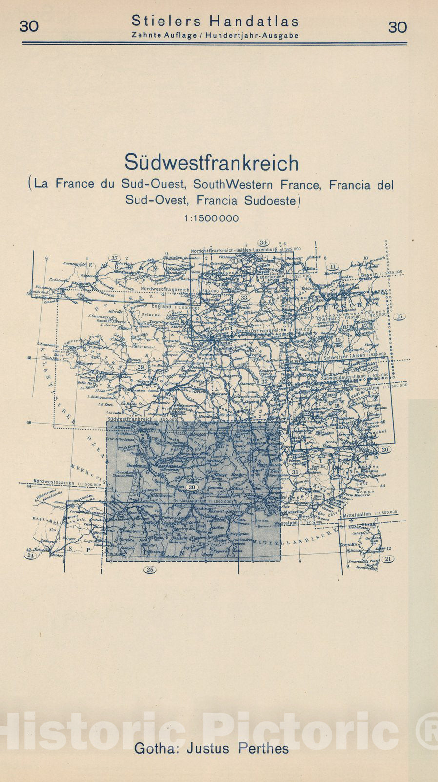 Historic Wall Map : Index Map: 30. Sudwestfrankreich. South Western France, 1925 - Vintage Wall Art