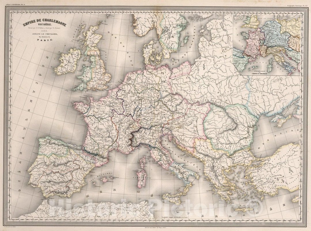 Historic Map : France, , EuropeEmpire de Charlemagne : VIIIe siecle. Pl.1ere. 1863 , Vintage Wall Art