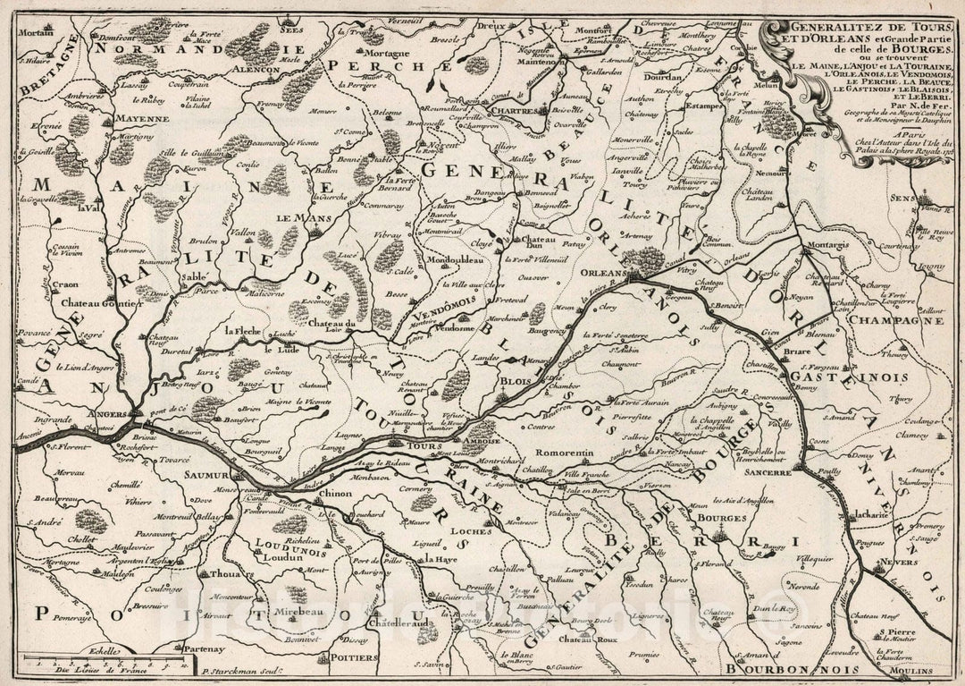 Historic Map : World Atlas Map, Generalitez de Tours et d'Orleans et Grande Partie de celle de Bourges, France. 1705 - Vintage Wall Art