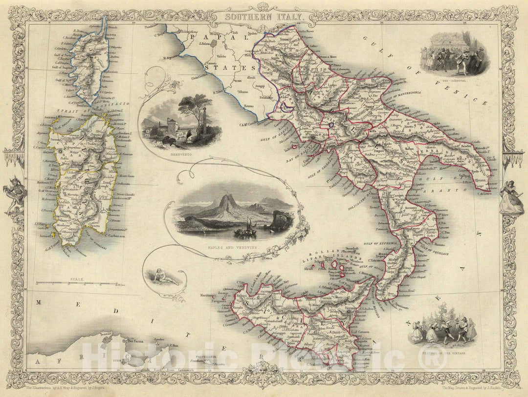 Historic Map : World Atlas Map, Southern Italy. 1851 - Vintage Wall Art