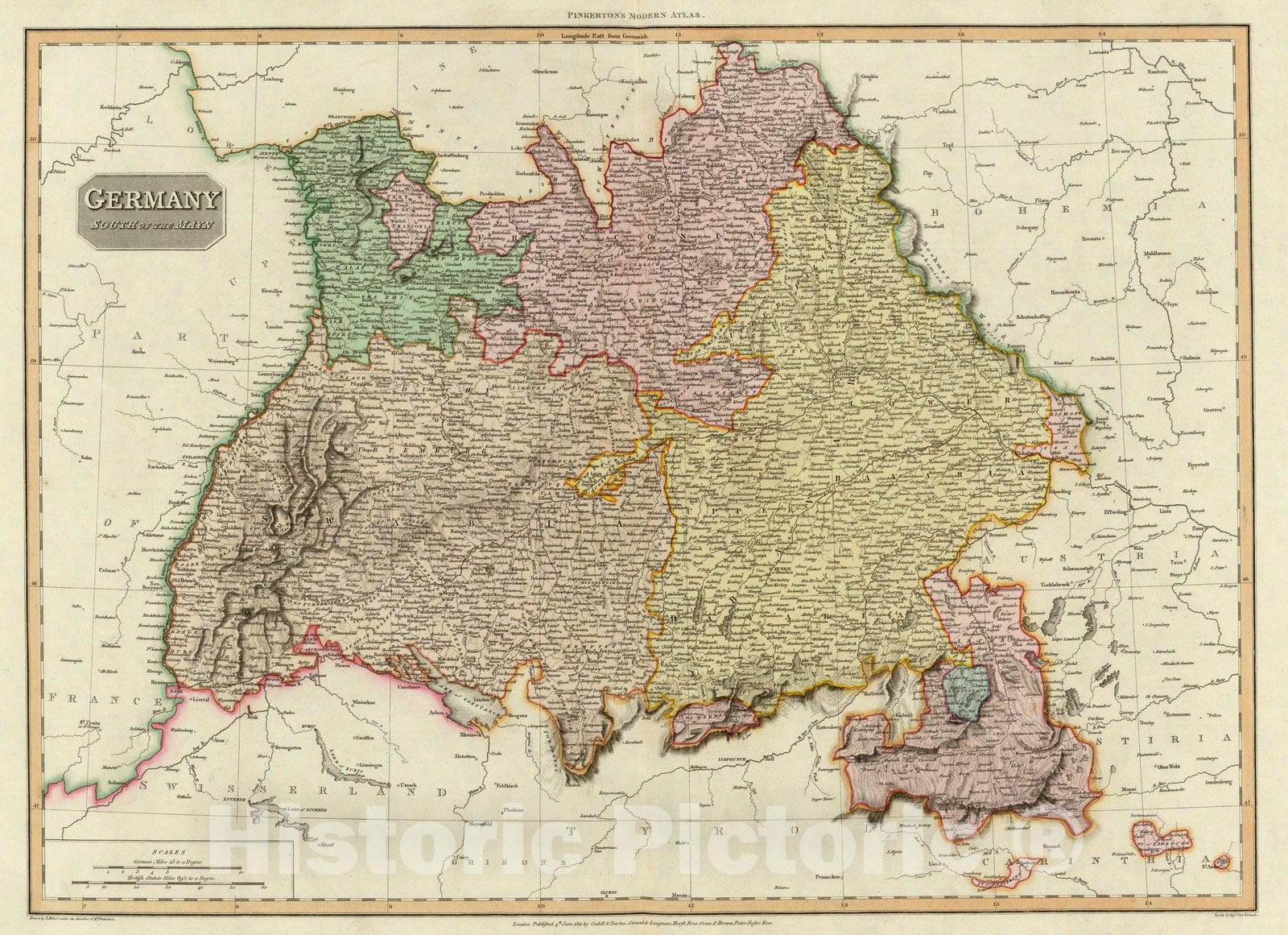 Historic Wall Map : World Atlas Map, Germany south of the Mayn. 1811 - Vintage Wall Art