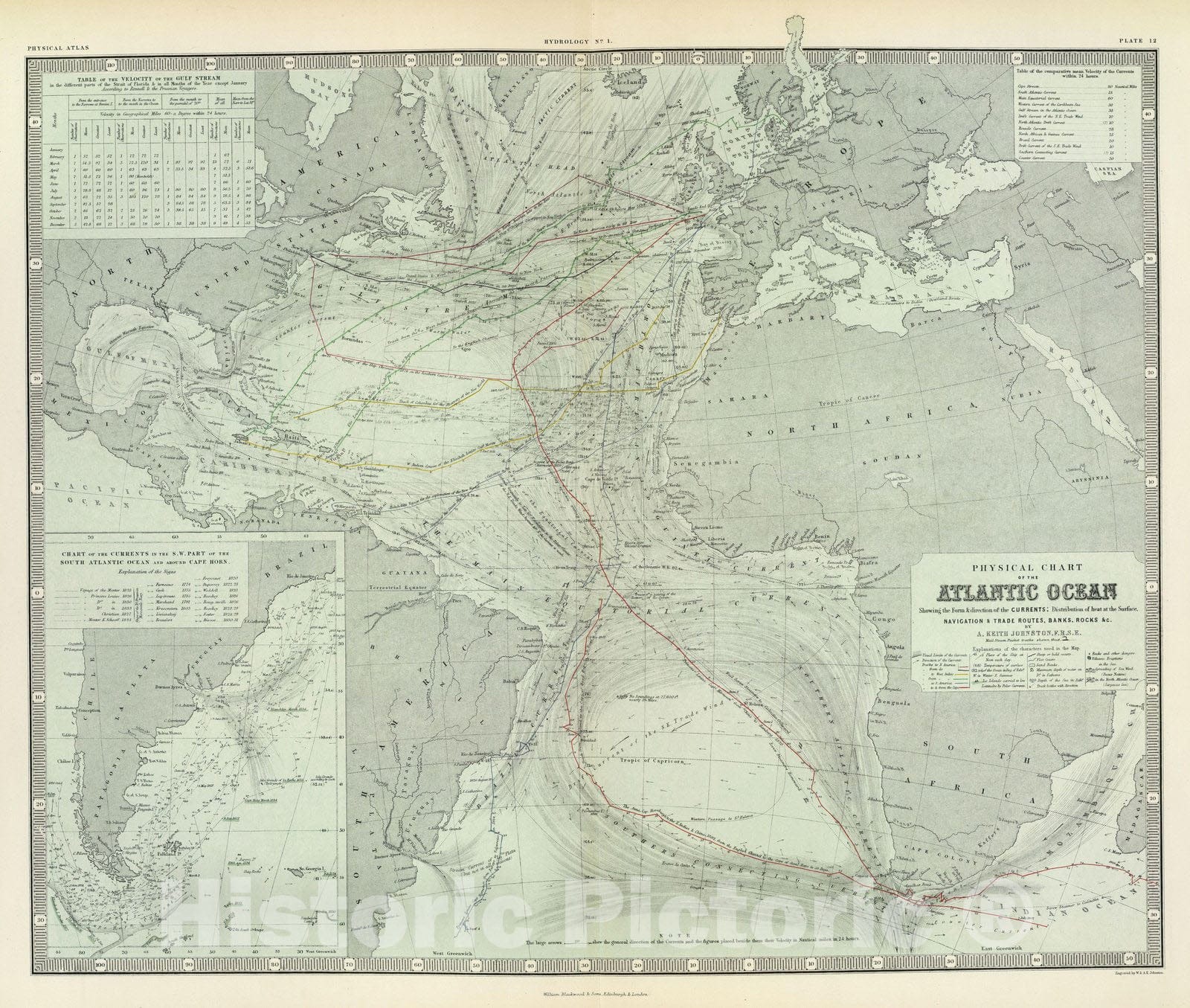 Historic Map : Physical Atlas Map, Atlantic Ocean. 1856 - Vintage Wall Art