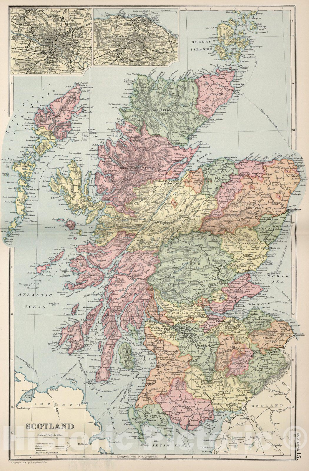 Historic Map : World Atlas Map, Scotland 15 1891 - Vintage Wall Art