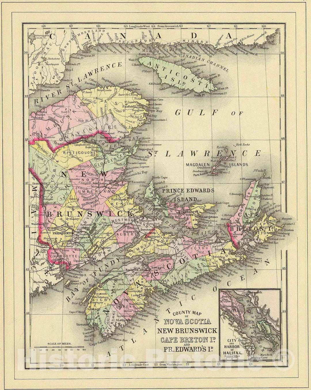 Historic Map : World Atlas Map, Nova Scotia, New Brunswick, Pr. Edward's Id. 1890 - Vintage Wall Art