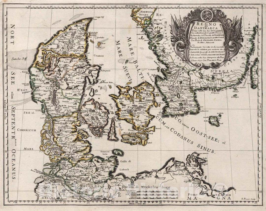 Historic Map : Denmark, , EuropeRegno di Danimarca 1697 , Vintage Wall Art