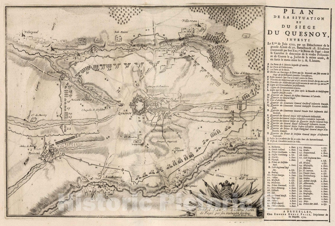 Historic Wall Map : Quesnoy , France,61. Plan de la Situation et du Siege du Quesnoy, France, Investi. 1712. 1712 , Vintage Wall Art