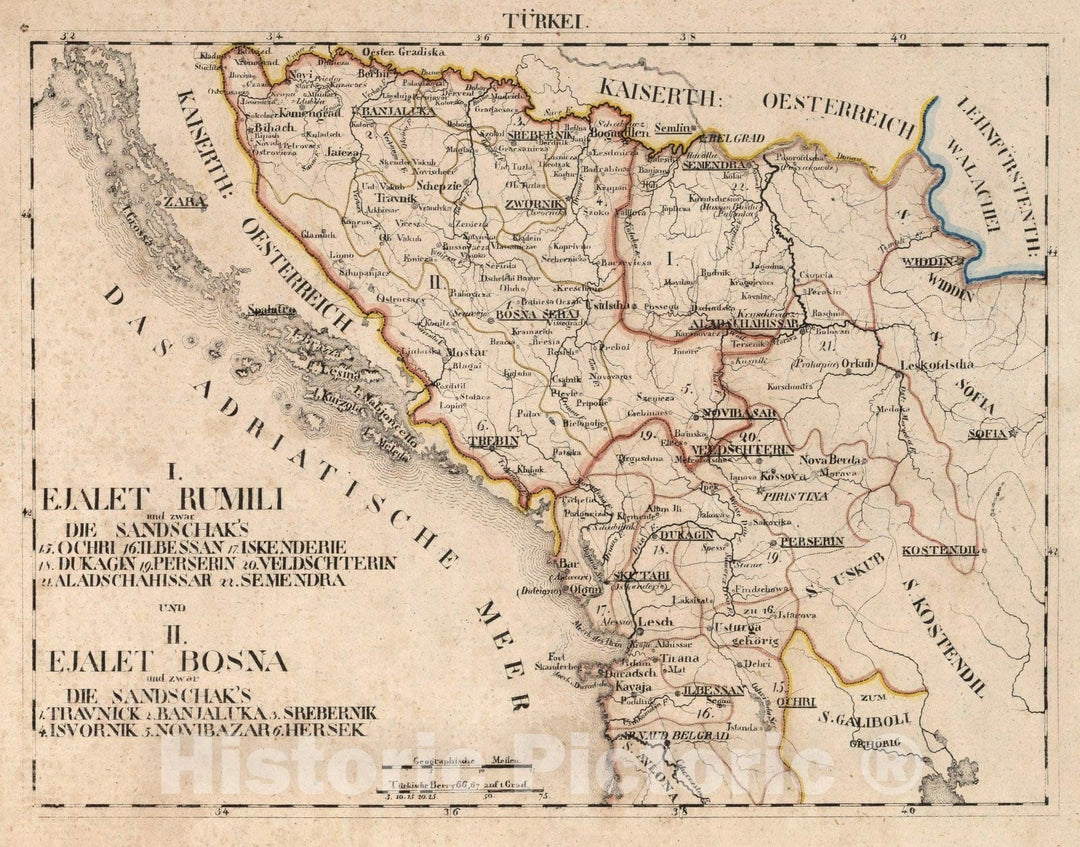 Historic Wall Map : Turkey, Ottoman Empire V.1:1-5: II: Turkei. I. Ejalet Rumili und II. Ejalet Bosna 1825 , Vintage Wall Art