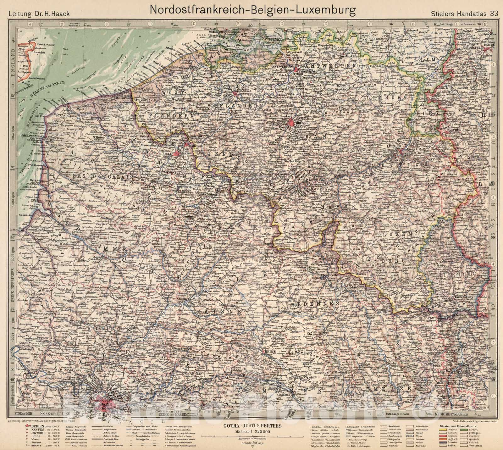 Historic Map : France,33. Nordostfrankreich - Belgien - Luxemburg. France Northeast - Belgium. 1925 , Vintage Wall Art