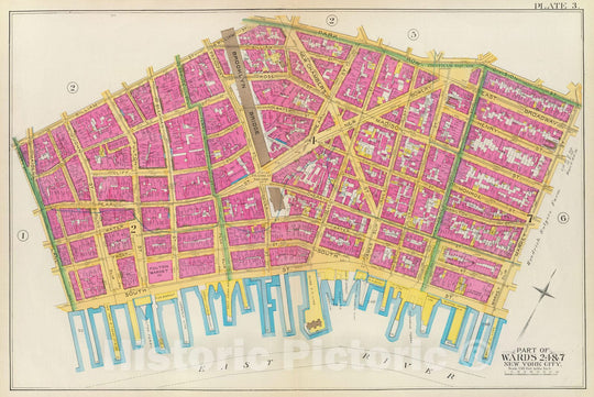 Historic Map : Manhattan Fire Insurance City Atlas Map, Pl. 3: wards 2, 4, 7. 1891 - Vintage Wall Art