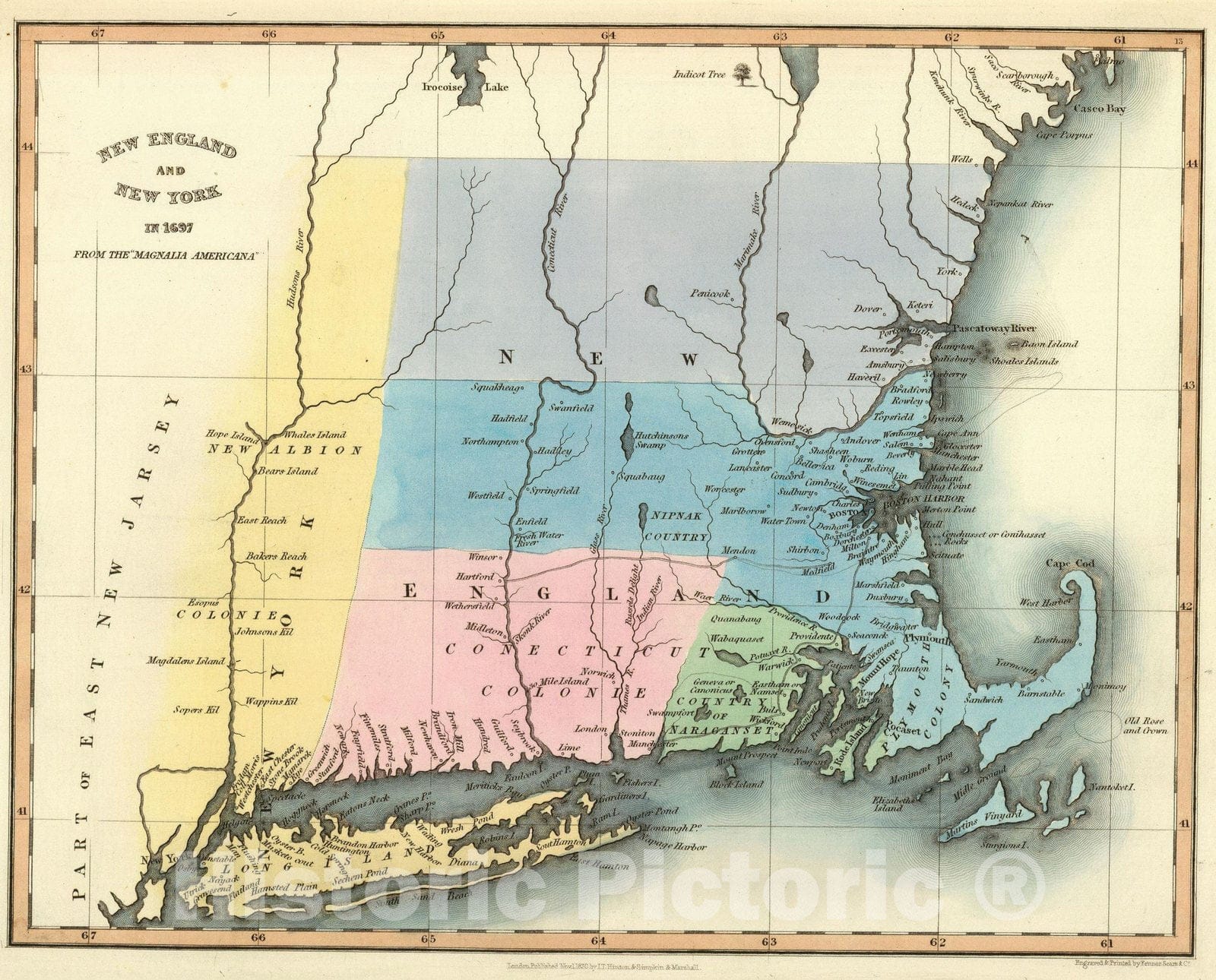 Historic Wall Map : New York, England New England, N.Y. 1697. 1830 , Vintage Wall Art