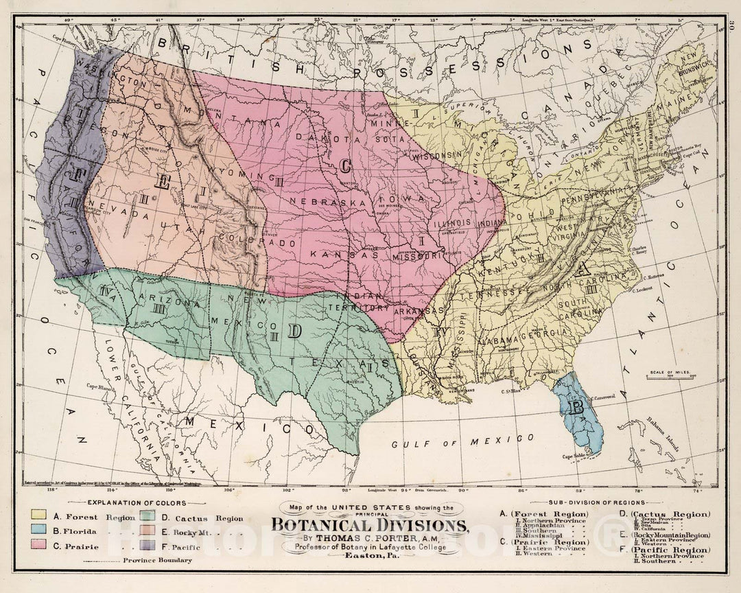 Historic Map : World Atlas Map, United States showing the Principal Botanical Divisions. 1873 - Vintage Wall Art