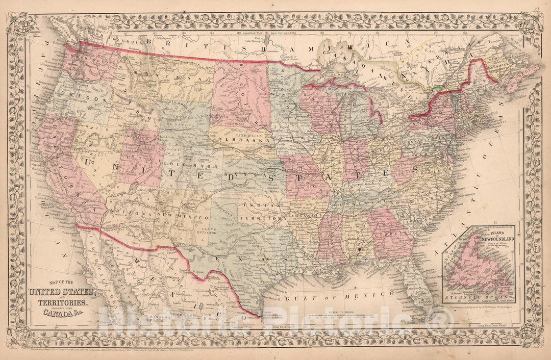 Historic Map : Map of the United States and Territories, Canada, 1868 - Vintage Wall Art