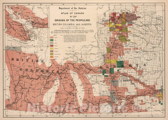 Historic Wall Map : No. 29 D, Origins of the people, 1901 ; British Columbia and Alberta 1906 - Vintage Wall Art