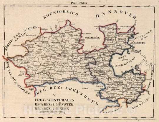 Historic Map : Prussia , Germany, V.2:6-10:X. Preussen. V. Prov: Westphalen. Reg: Bez: 1. Munster. Reg: Bez: 2. Minden 1825 , Vintage Wall Art