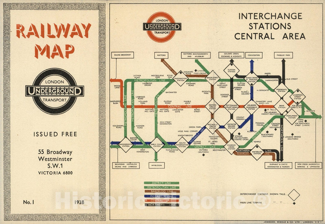 Historic Map : Railway Map. London Underground Transport. Interchange Stations Central Area, 1938 - Vintage Wall Art