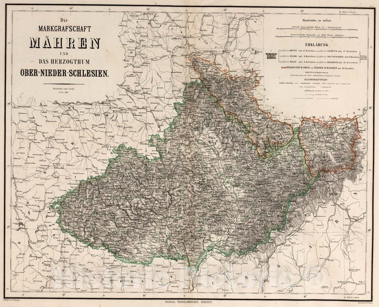 Historic Map : Czech Republic,Die Markgrafschaft Mahren und das Herzogthum Ober- Nieder-Schlesien 1866 , Vintage Wall Art