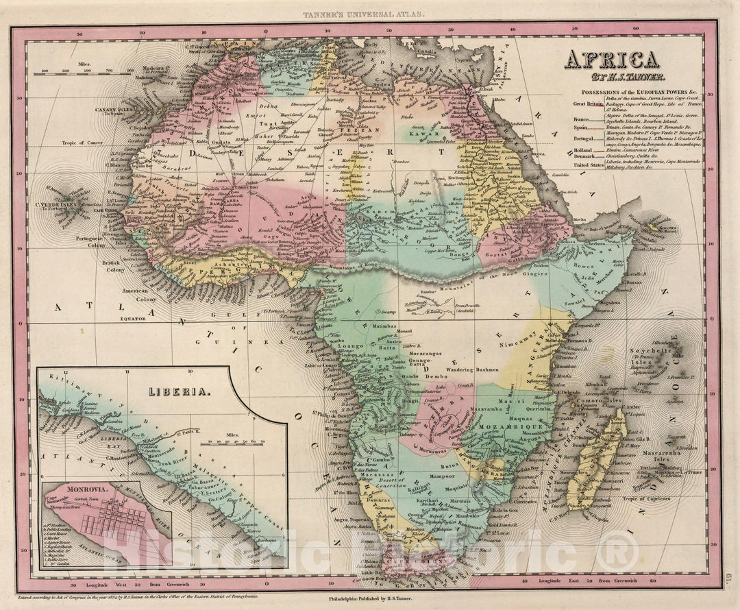 Historic Map : World Atlas Map, Africa by H.S. Tanner. 1834 - Vintage Wall Art