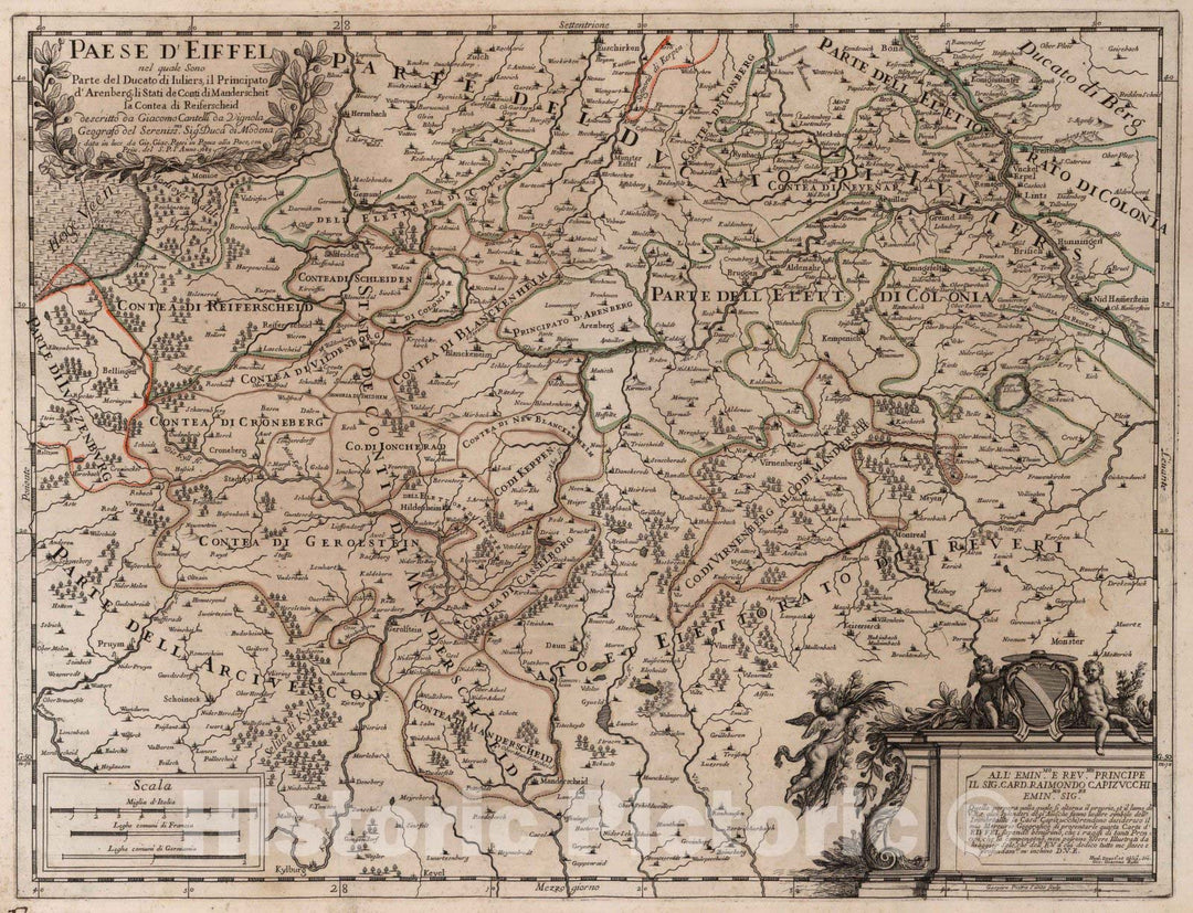 Historic Map : Germany, , EuropePaese d'Eiffel nel quale sono parte del Ducato di Juliers, il Principato d'Arenberg 1689 , Vintage Wall Art