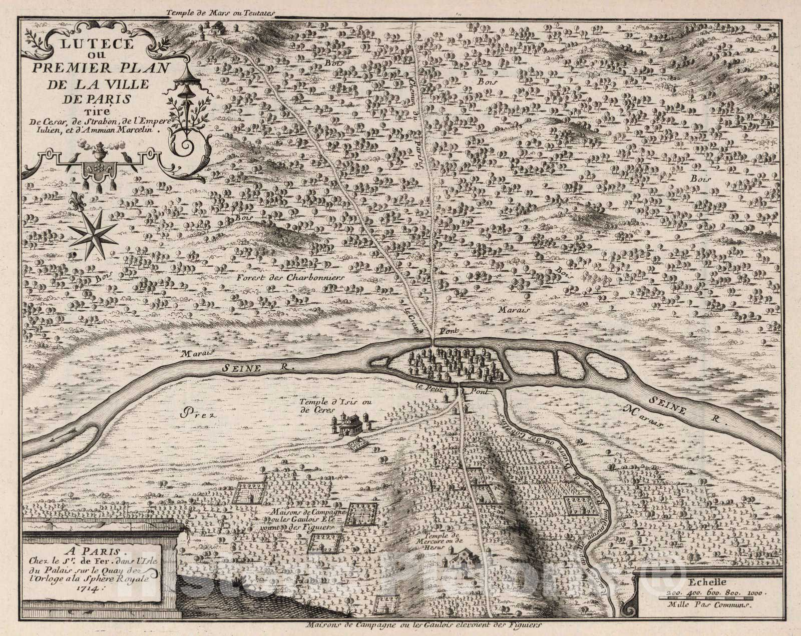 Historic Map : Paris , France,Premier Plan de La Ville de Paris tire de Cesar. 1714 , Vintage Wall Art