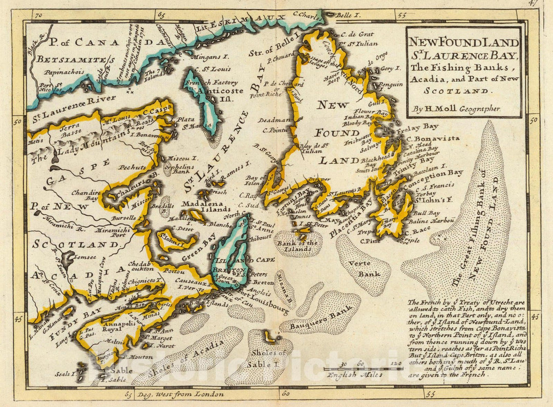 Historic Map : World Atlas Map, New Found Land, St. Laurence Bay, Acadia, New Scotland. 1736 - Vintage Wall Art