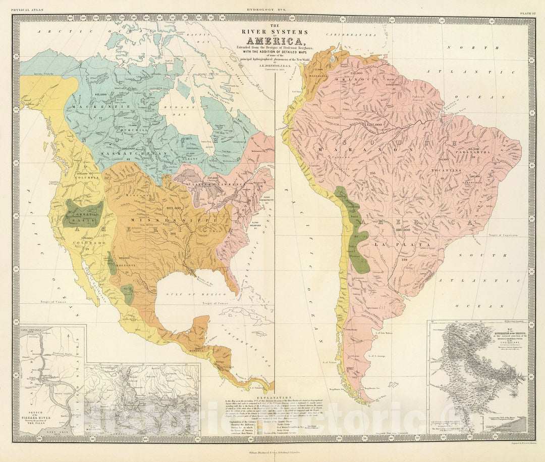 Historic Map : Physical Atlas Map, America river systems. 1856 - Vintage Wall Art