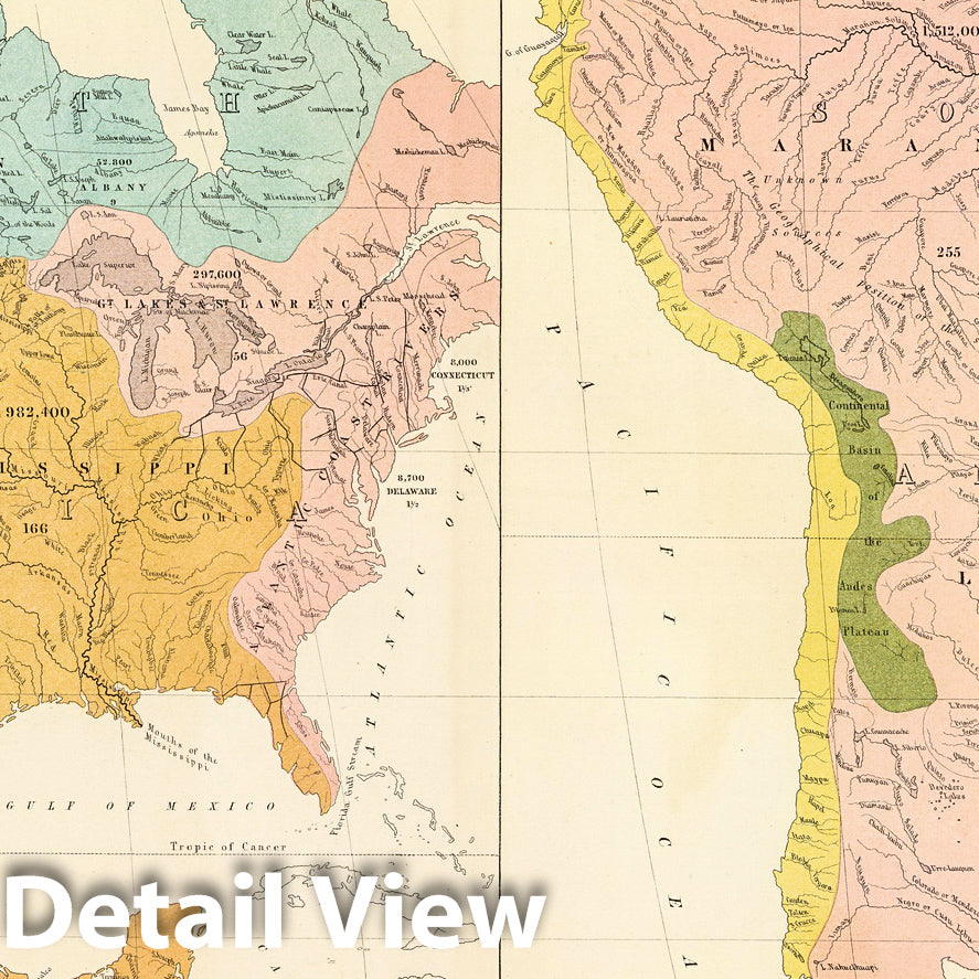 Historic Map : Physical Atlas Map, America river systems. 1856 - Vintage Wall Art