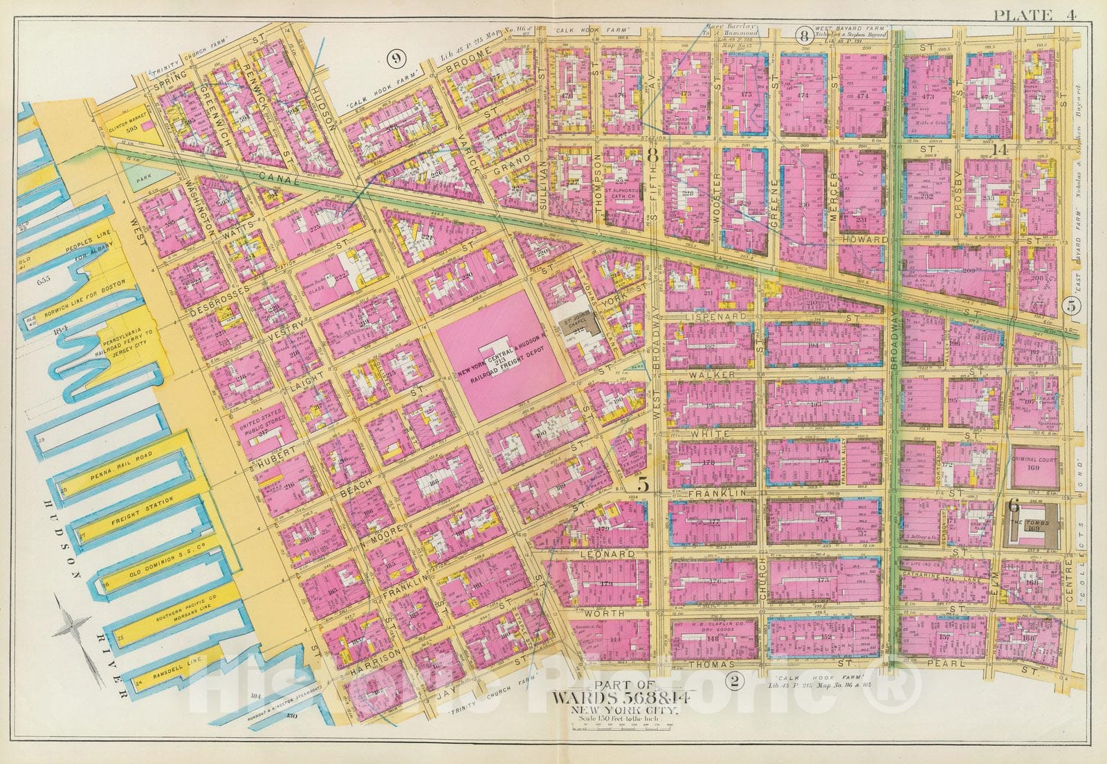 Historic Map : Manhattan Fire Insurance City Atlas Map, Pl. 4: wards 5-6, 8, 14. 1891 - Vintage Wall Art