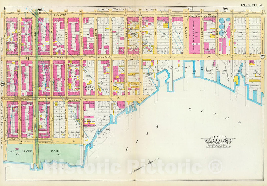 Historic Map : Manhattan Fire Insurance City Atlas Map, Pl. 31: wards 12, 19. 1891 - Vintage Wall Art