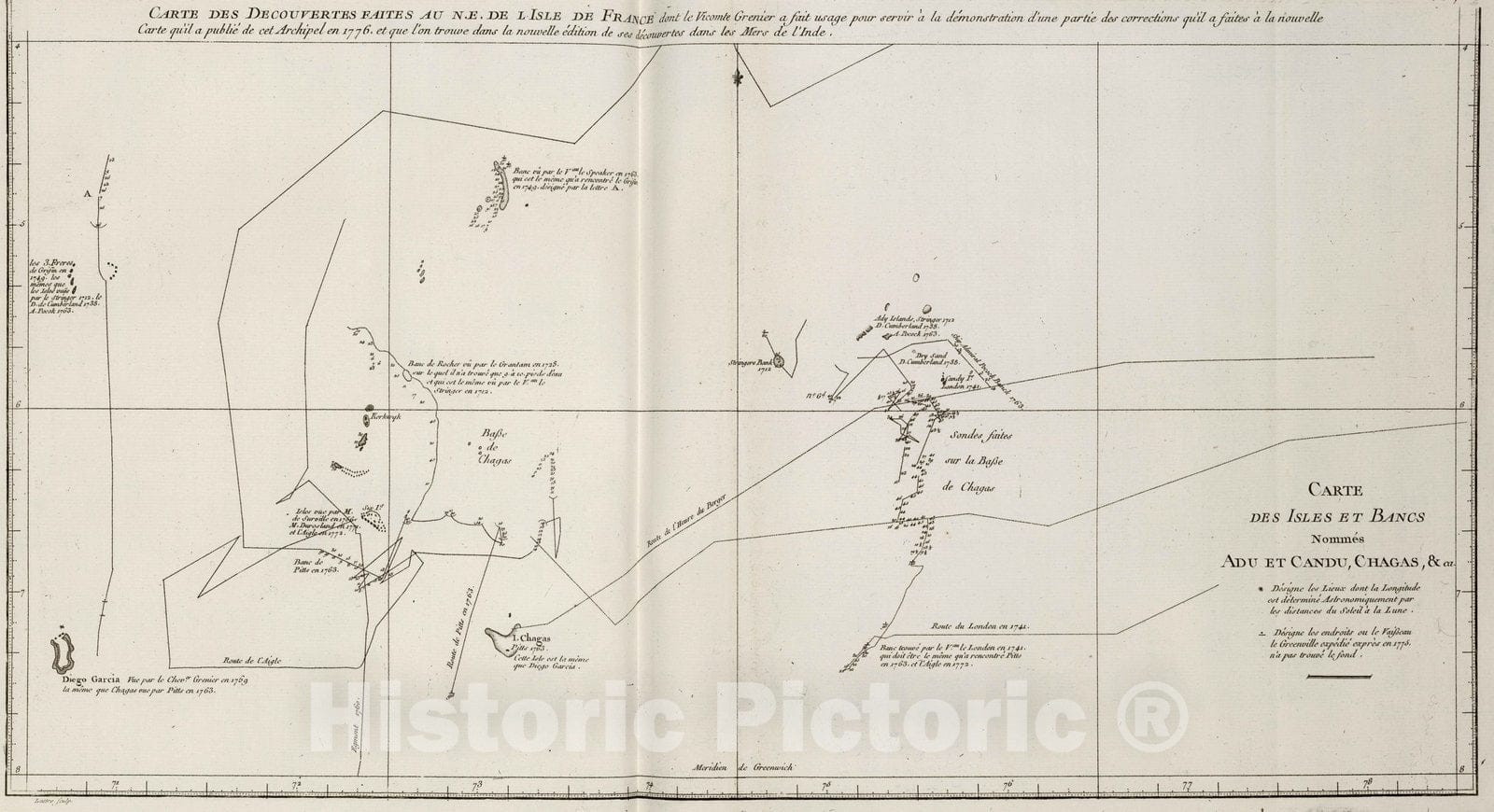 Historic Map : British Indian Ocean TerritoryCarte des Isles det Bancs Nommes Adu et Candu, Chagas, ca. 1804 , Vintage Wall Art