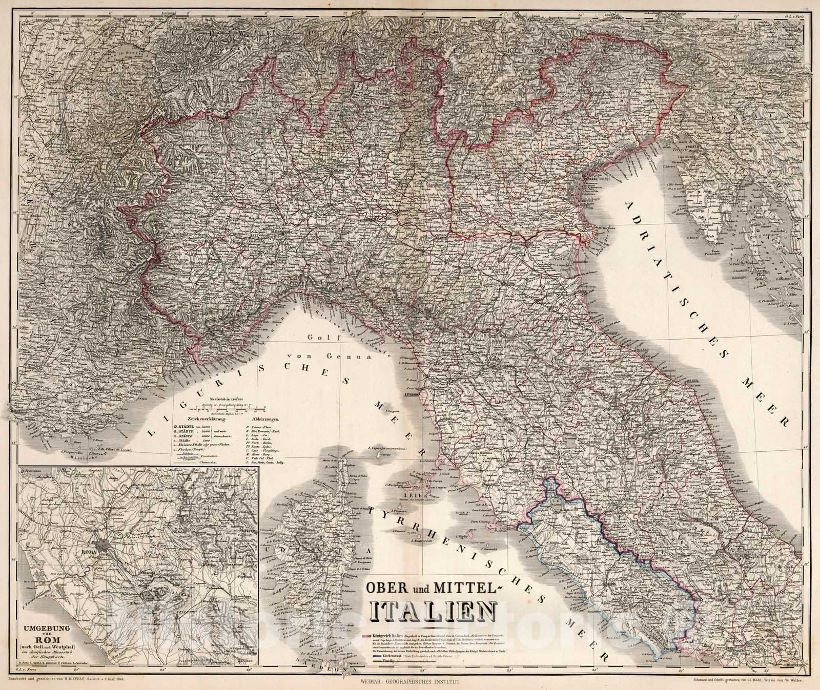 Historic Map : Italy, Rome Region (Italy)Ober und Mittel-Italien 1866 , Vintage Wall Art