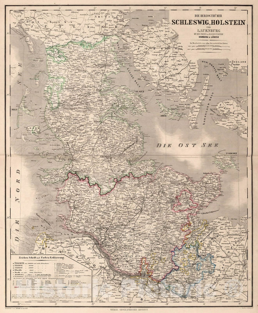 Historic Map : Germany, Schleswig-Holstein , GermanyDie Herzogthumer Schleswig, Holstein und Lauenburg 1864 , Vintage Wall Art