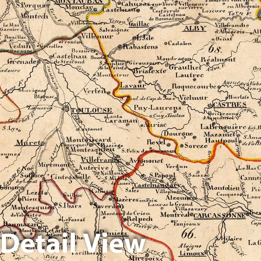 Historic Map : France, V.1:1-5: I: Frankreich. DEP: 62. Des Tarn und der Garonne. 63. Der Oberen Garonne. 64. Der Arriege. 66. Der Aude. 68. Des Tarn 1825 , Vintage Wall Art