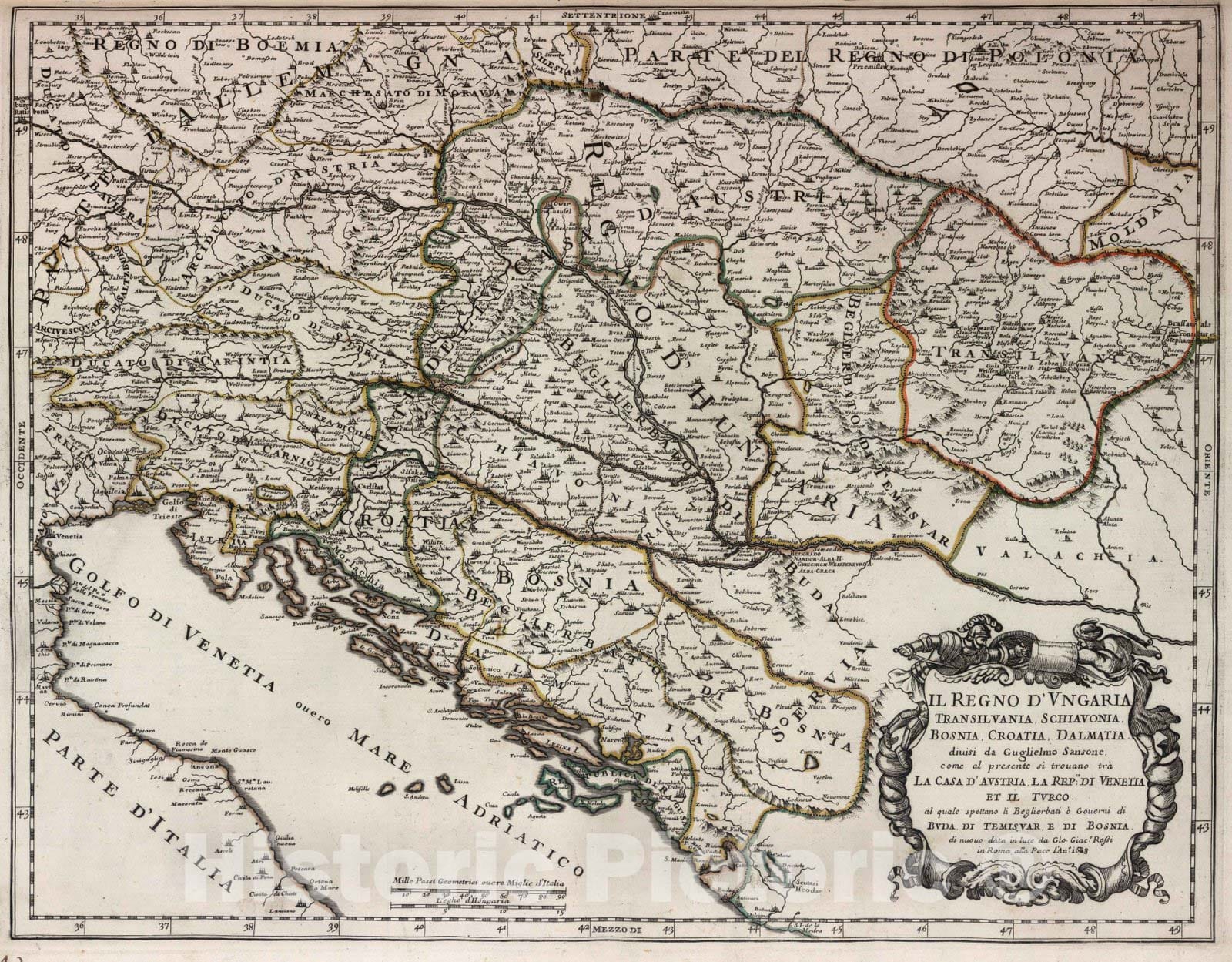 Historic Map : Hungary, Balkan Peninsula, EuropeIl regno d'Ungaria, Transilvania, Schiauonia, Bosnia, Croatia, Dalmatia 1688 , Vintage Wall Art