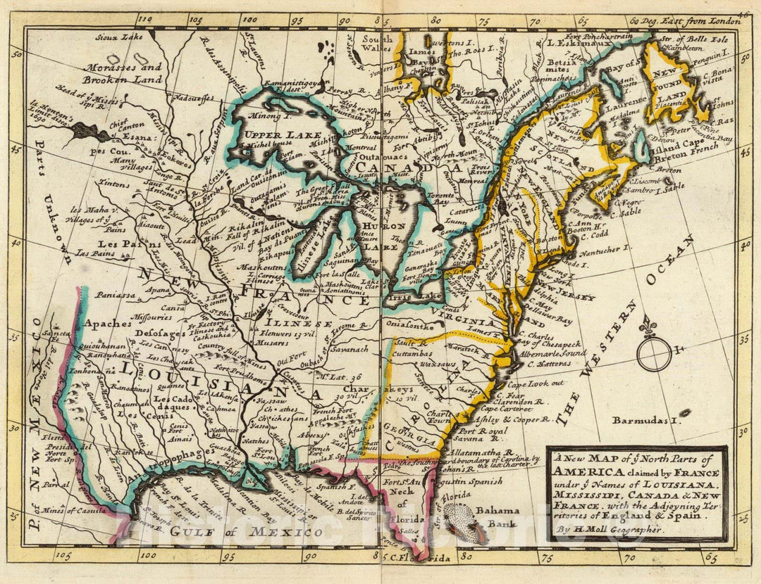 Historic Map : New map of ye north parts of America, 1736 - Vintage Wall Art