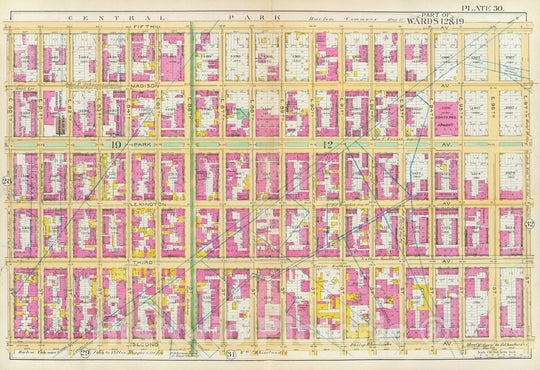 Historic Map : Manhattan Fire Insurance City Atlas Map, Pl. 30: ward 12, 19. 1891 - Vintage Wall Art