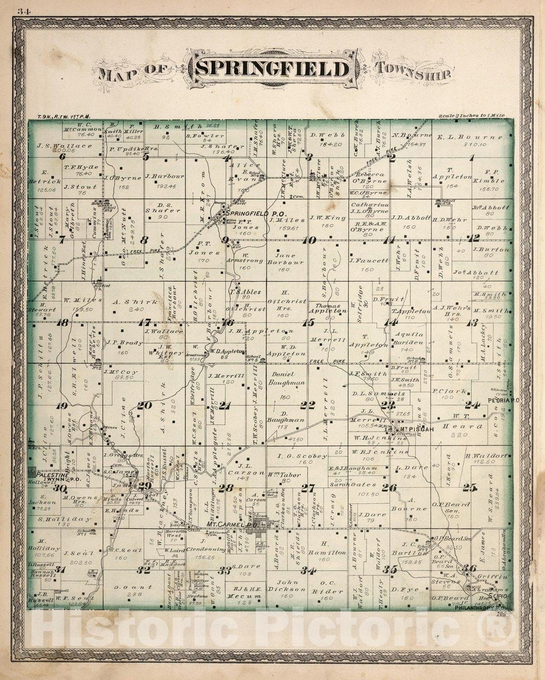 Historic Map - County Atlas Map, Springfield Township, Franklin County, Indiana. 1882 - Vintage Wall Art