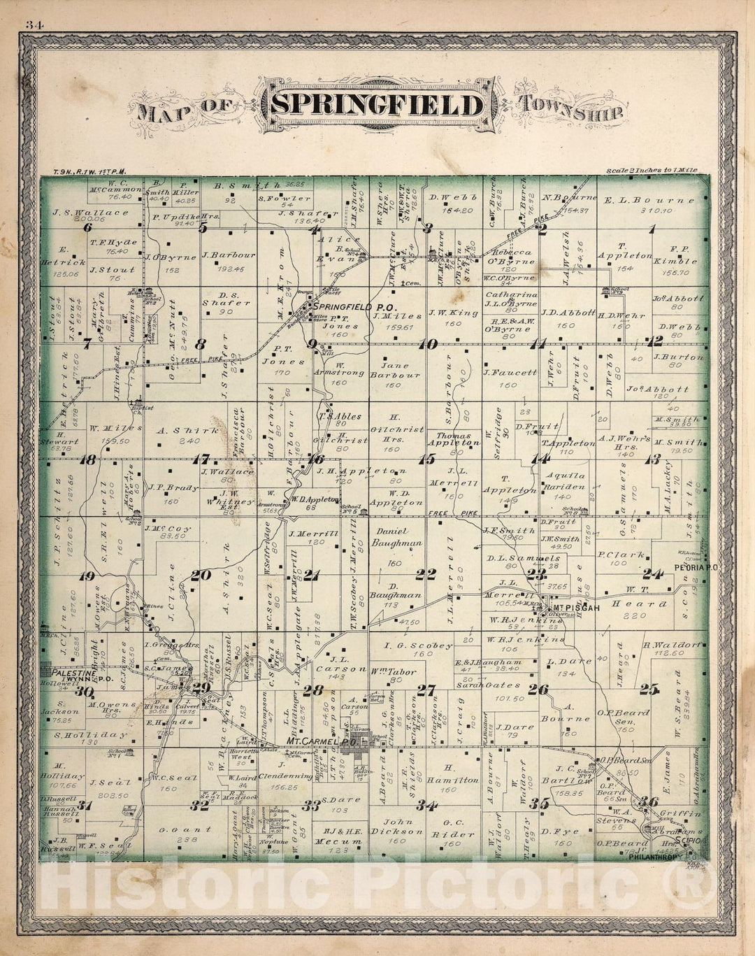 Historic Map - County Atlas Map, Springfield Township, Franklin County, Indiana. 1882 - Vintage Wall Art