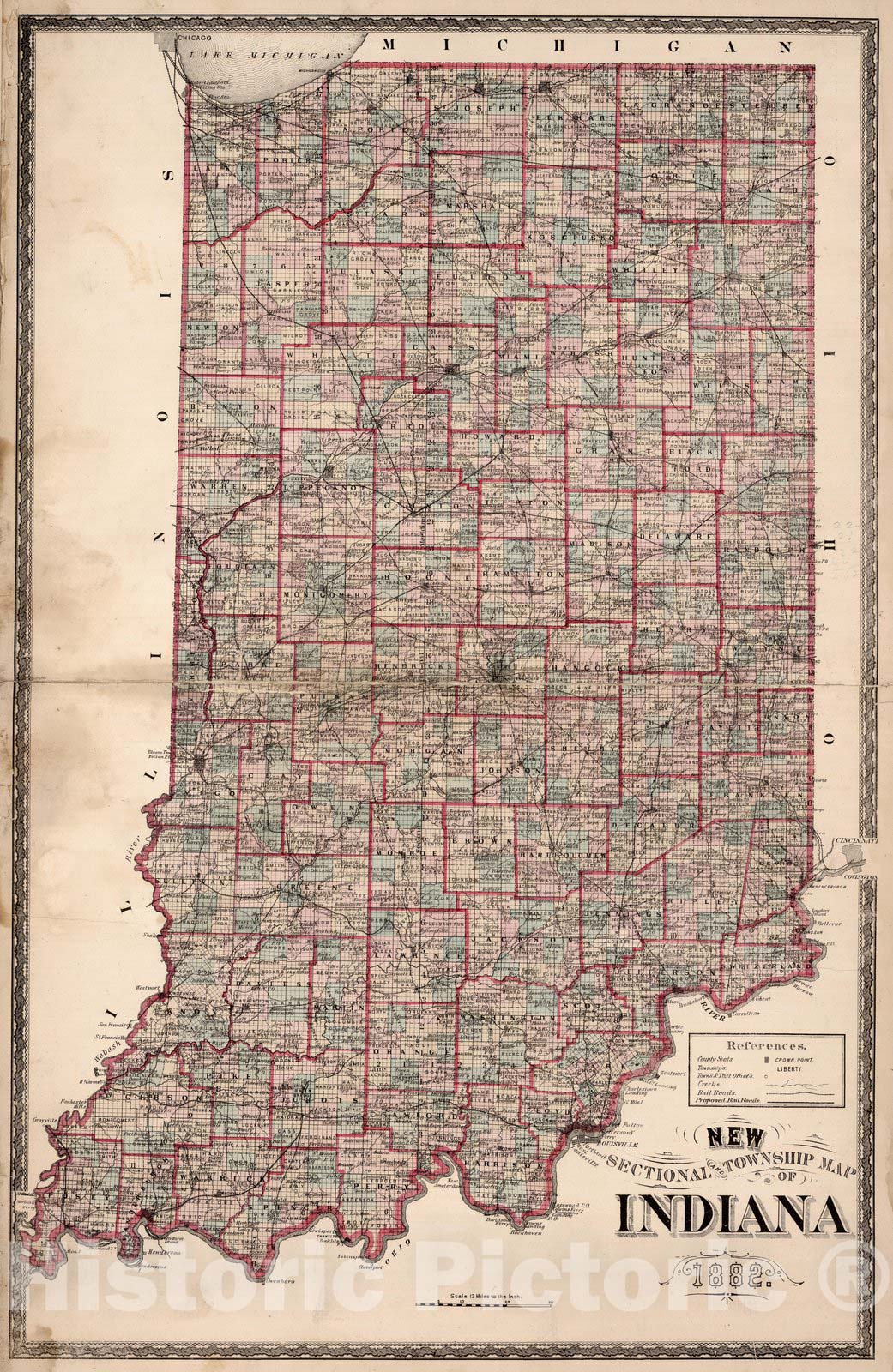 Historic Map : Sectional and Township Map of Indiana, 1882 - Vintage Wall Art