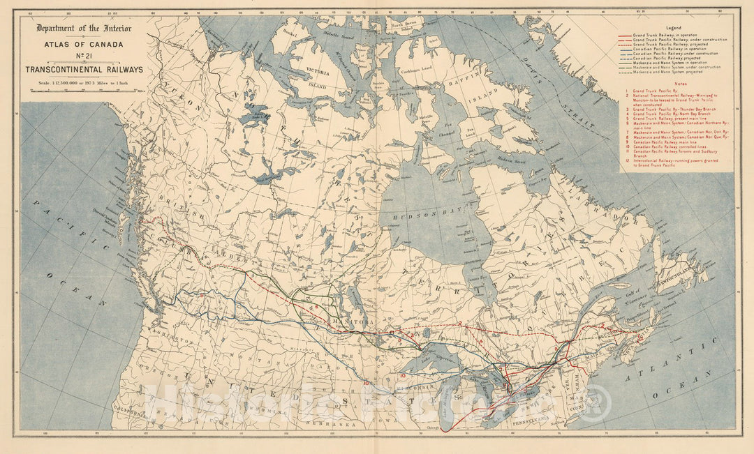 Historic Wall Map : No. 21, Transcontinental railways 1906 - Vintage Wall Art