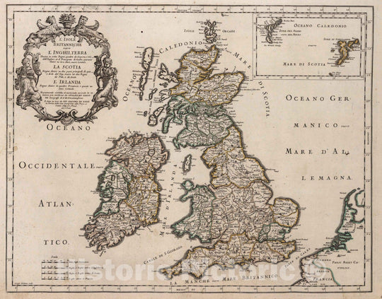 Historic Map : England, British Isles, EuropeL'Isole Britaniche ouero l'Inghliterra La Scotia L'Irland 1699 , Vintage Wall Art