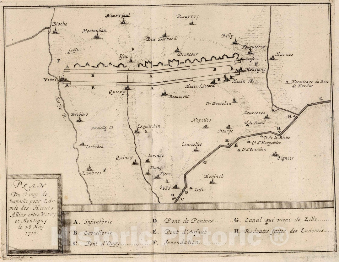 Historic Map : France,49. Le Champs de Bataille entre Vitty & Montigny, France. 1710. 1710 , Vintage Wall Art