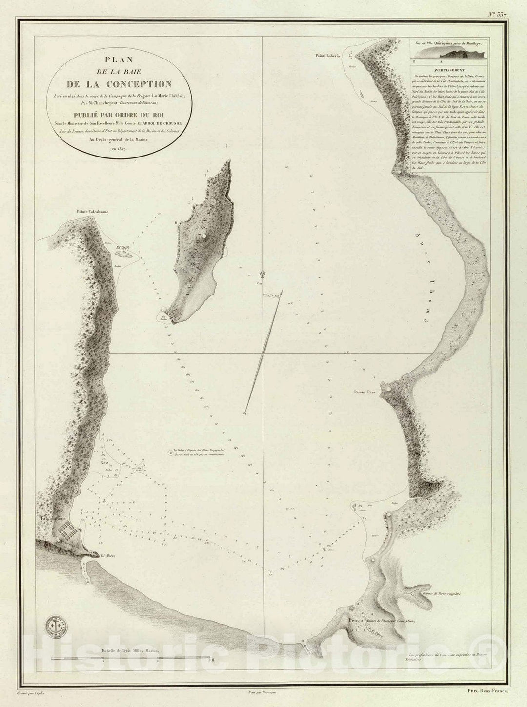 Historic Map : Chile, Concepcion Bay (Chile) Chart Map, Conception, Baie. 1827 , Vintage Wall Art