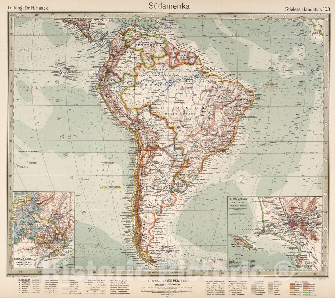 Historic Map : World Atlas Map, 103. Sudamerika. South America. 1925 - Vintage Wall Art