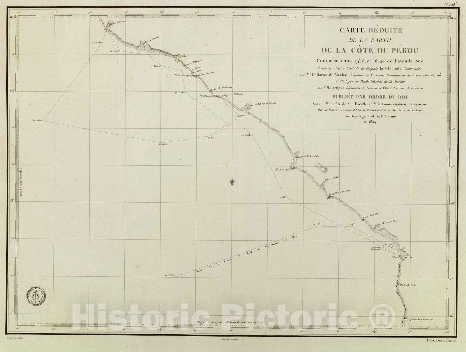 Historic Map : Chile; Peru, Chart Map, Cote, Perou. 1824 , Vintage Wall Art