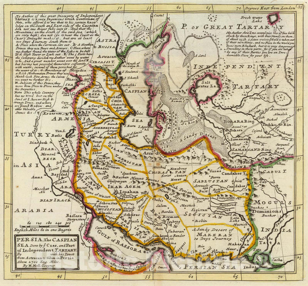 Historic Map : World Atlas Map, Persia, Caspian Sea, part of Independent Tartary. 1736 - Vintage Wall Art