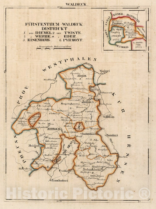 Historic Map : Germany, AtlasMap, V. 2:6-10: VII: XX-XXII. Waldeck. Furstenthum Waldeck. Distrikt 1-6 1825, , Vintage Wall Art